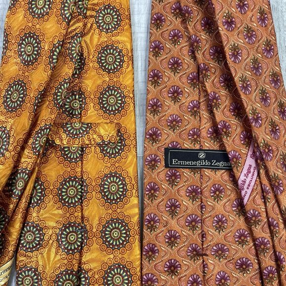 ERMENEGILDO ZEGNA Mens 100% Silk Necktie ITALY Luxury FLORAL Lot 2 Orange EUC - Picture 6 of 8